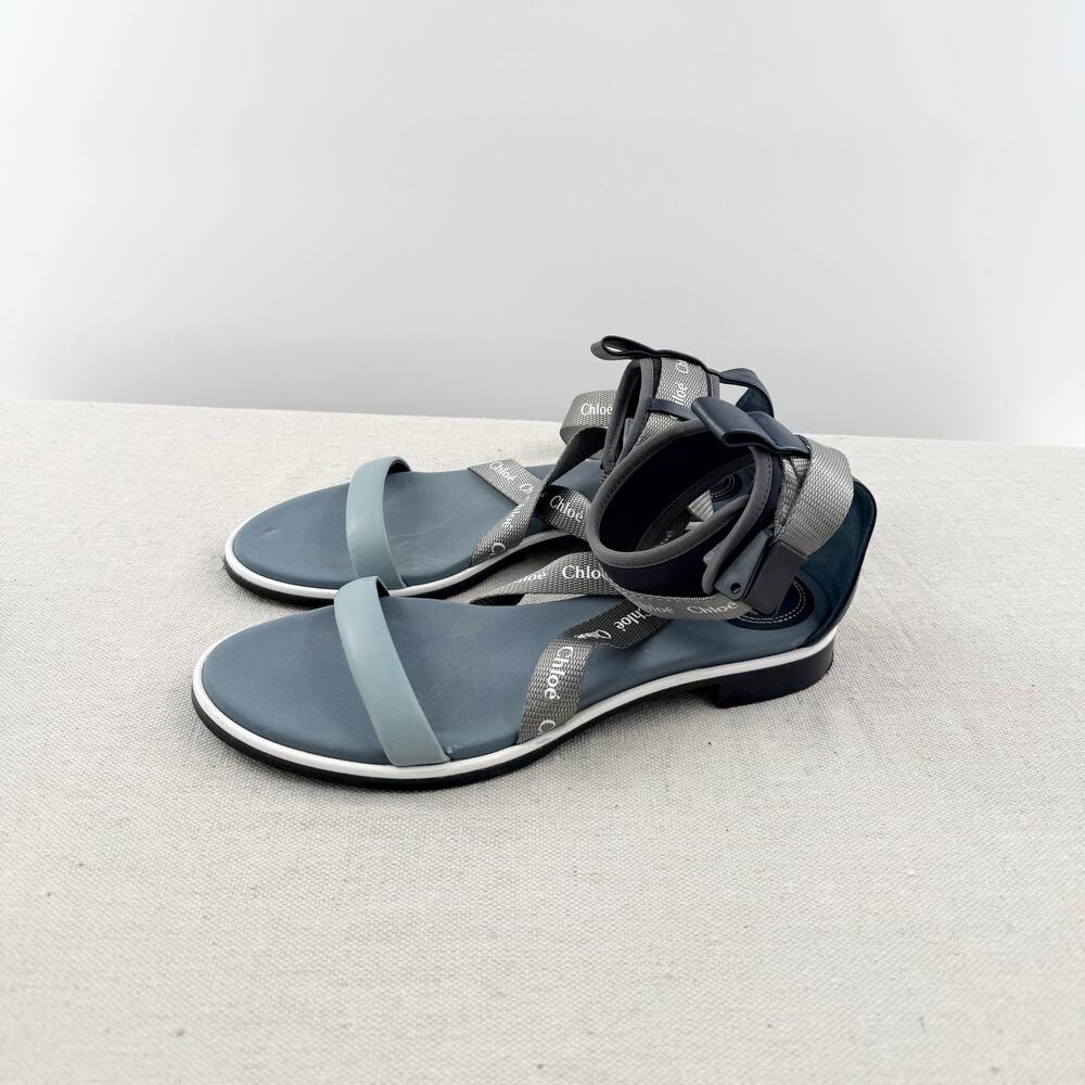 Chloé Sporty Logo Slip On Ankle Strap Flat Sandal Light Blue Women's EU 39 1/2